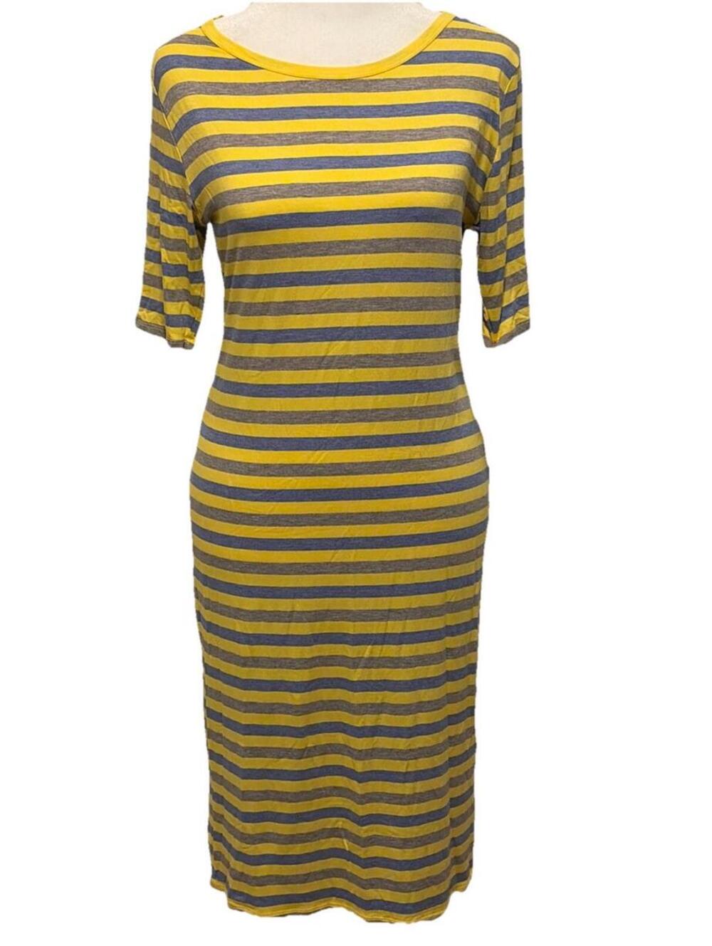New LuLaRoe Purple & Yellow Stripe Julia Half Sleeve T Shirt Dress Size M (8-10)
